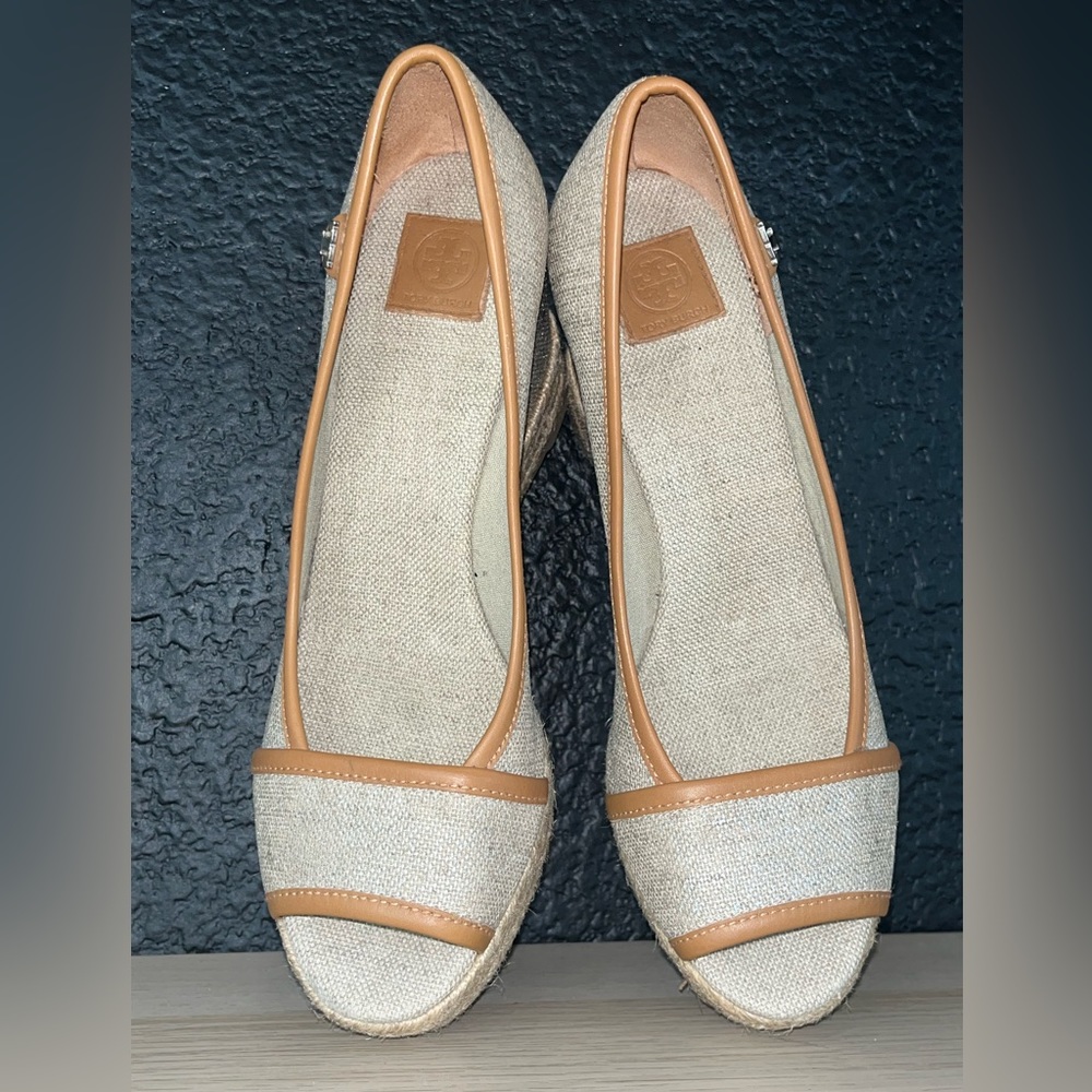 Tory Burch Plata Royal Majorca Linen & Leather Espadrille Wedge- 6.5 - Picture 2 of 9